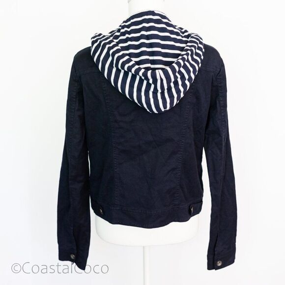 Splendid Navy Hooded Denim Jacket Striped zip-up M, Casual Coastal Preppy - Picture 2 of 9